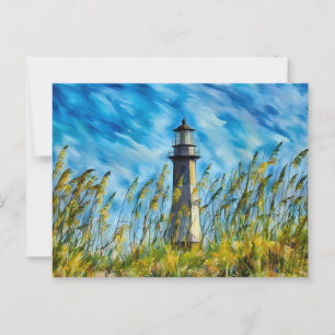 Lighthouse with Sea Oats and Dramatic Sky Postcard