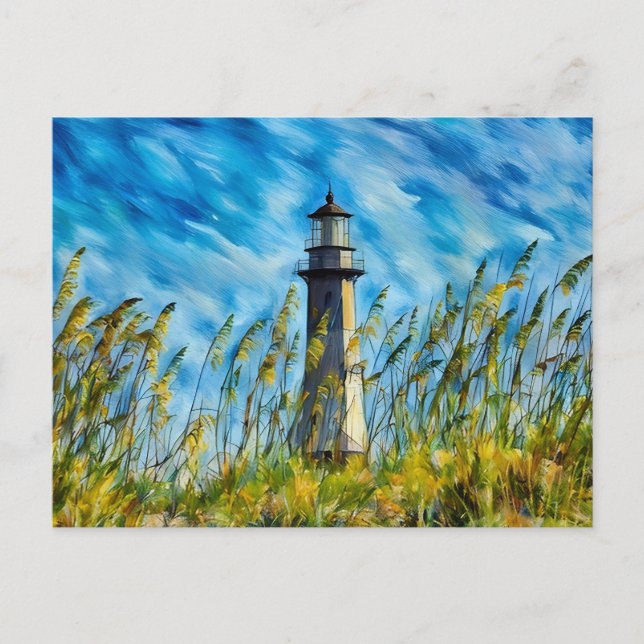 Lighthouse with Sea Oats and Dramatic Sky Postcard (Front)