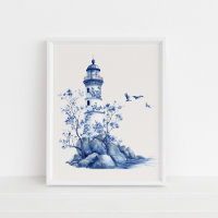 Lighthouse with Seagulls – Coastal Blue on Beige