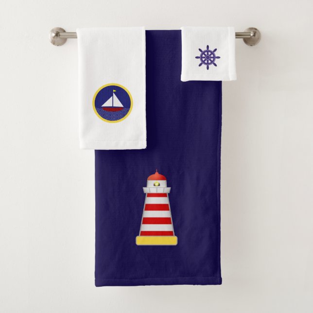 Lighthouse, Yacht &  Helm on Navy blue & White Bath Towel Set (Insitu)