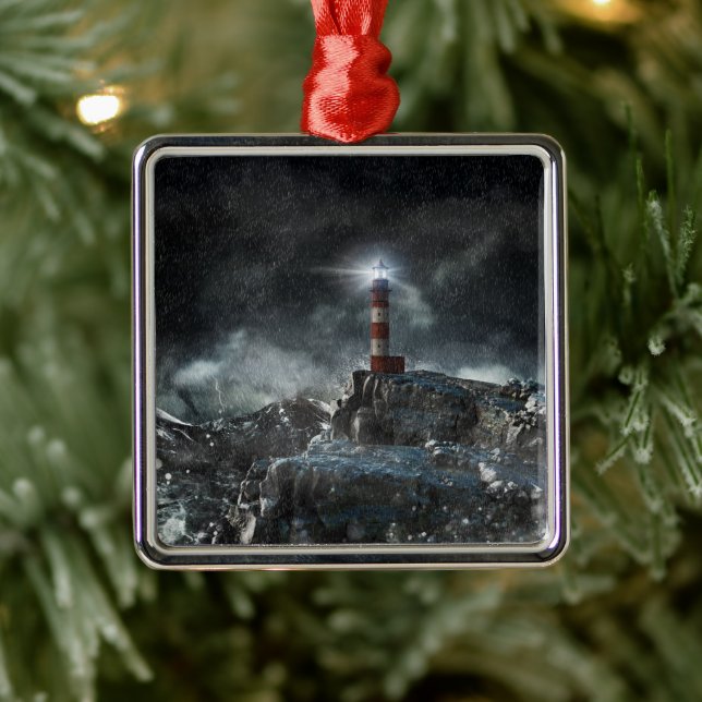 Lighthouses | Lighthouse in the Storm Metal Ornament (Tree)