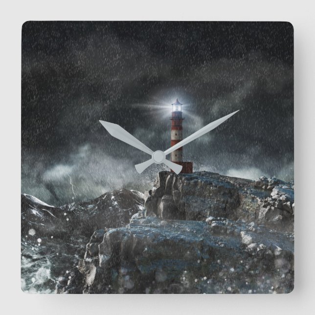 Lighthouses | Lighthouse in the Storm Square Wall Clock (Front)