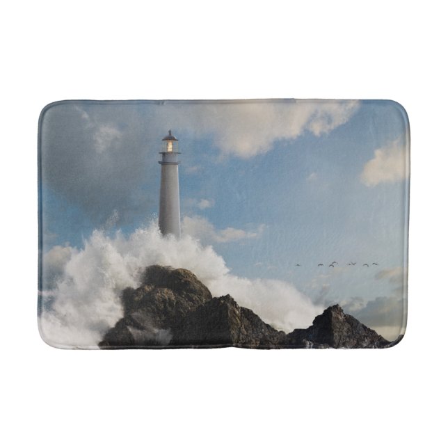 Lighthouses | Lighthouse With Crashing Waves Bath Mat (Front)