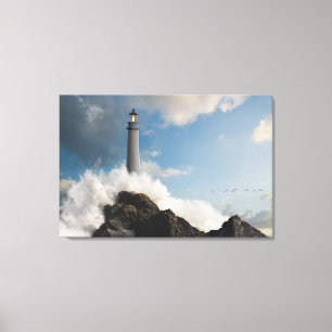 Lighthouses   Lighthouse With Crashing Waves Canvas Print