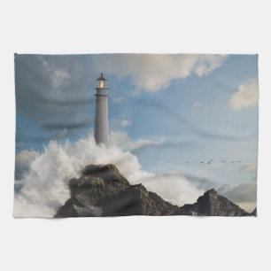 Lighthouses   Lighthouse With Crashing Waves Kitchen Towel
