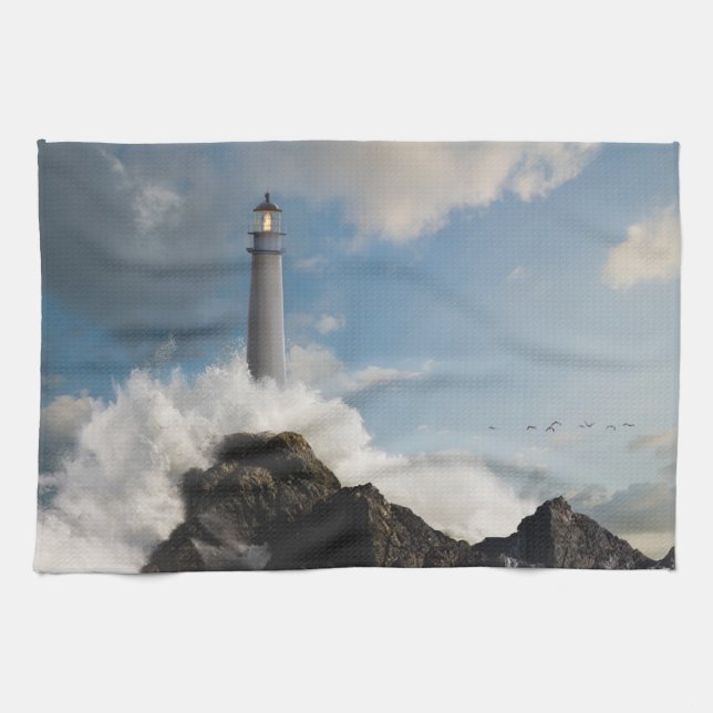 Lighthouses | Lighthouse With Crashing Waves Kitchen Towel (Horizontal)