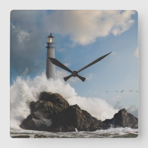Lighthouses Lighthouse With Crashing Waves Square Wall Clock