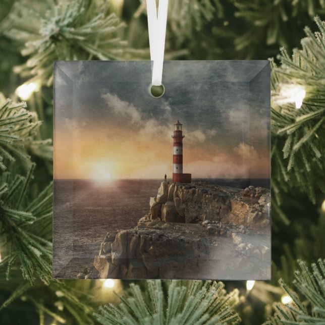 Lighthouses | Red & White Lighthouse Glass Ornament (Insitu)