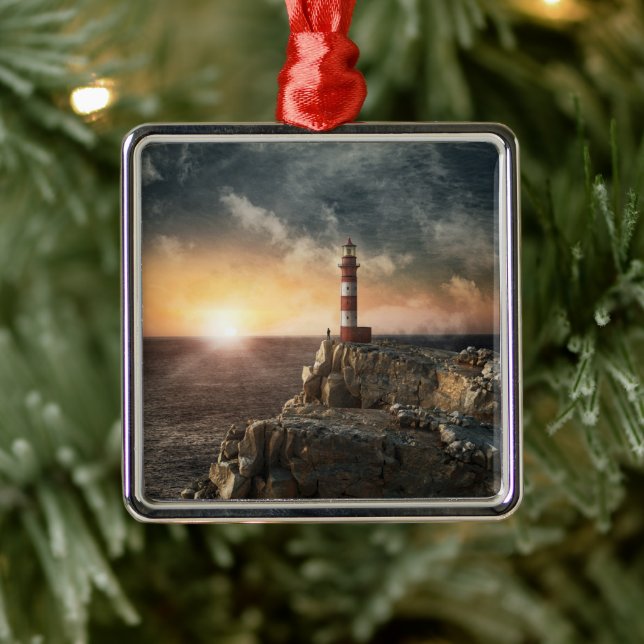 Lighthouses | Red & White Lighthouse Metal Ornament (Tree)