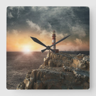 Lighthouses Red & White Lighthouse Square Wall Clock