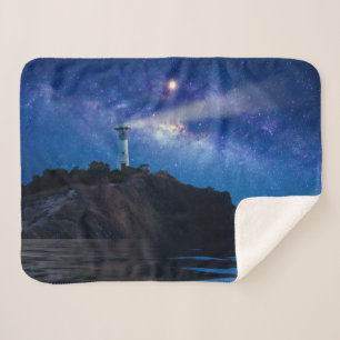Lighthouses   Starry Night Lighthouse Sherpa Blanket
