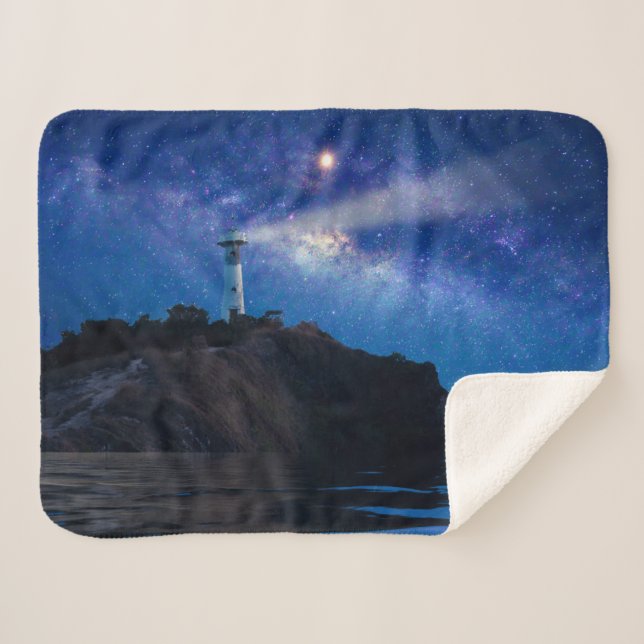 Lighthouses | Starry Night Lighthouse Sherpa Blanket (Front (Horizontal))