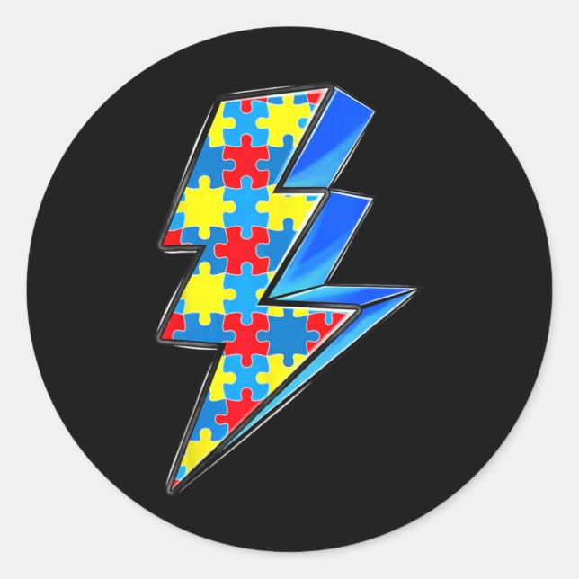 Lighting Bolt Puzzle Autism Awareness Day Support  Classic Round Sticker (Front)