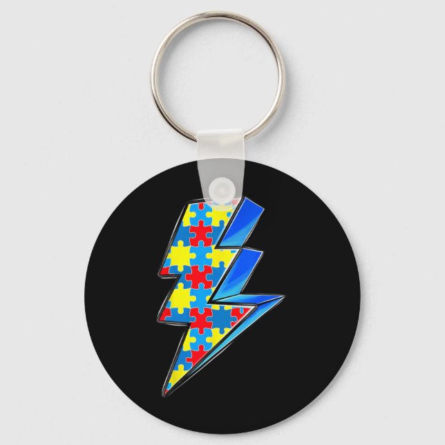 Lighting Bolt Puzzle Autism Awareness Day Support  Keychain (Front)