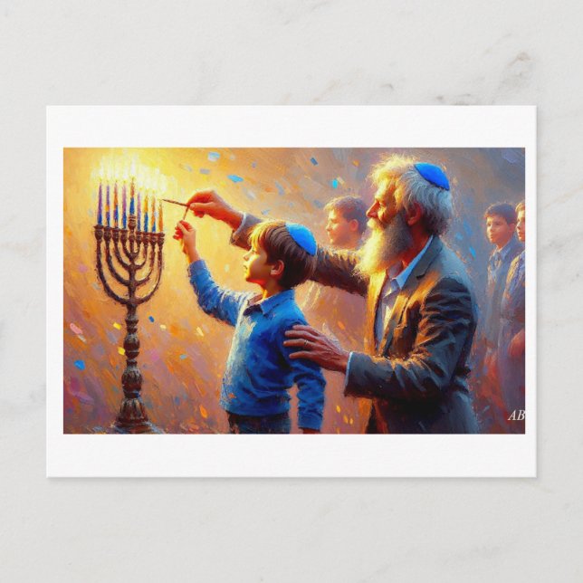 Lighting the Menorah With Grandfather,  Postcard (Front)