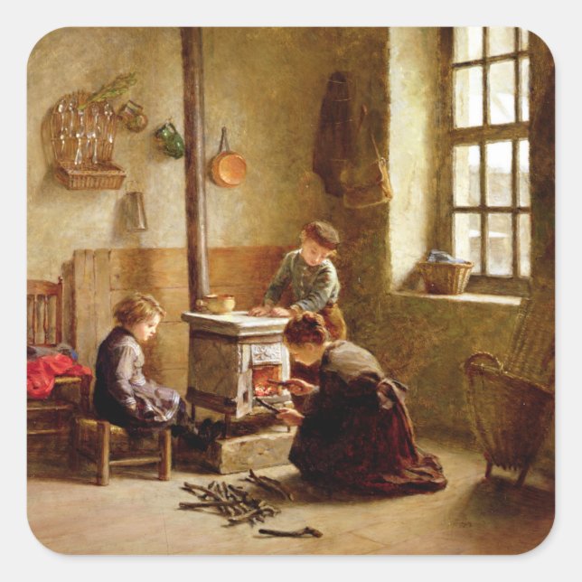 Lighting the Stove, 1886 (oil on panel) Square Sticker (Front)