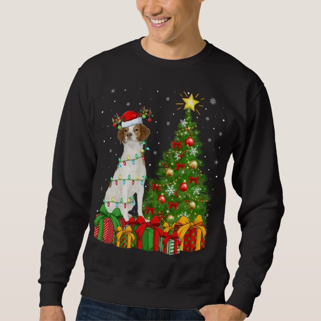 Lighting Xmas Tree Santa Hat Brittany Spaniel Dog  Sweatshirt (Front)