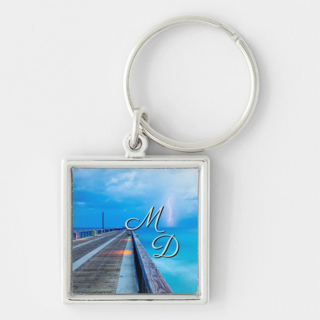Lightning At Navarre Beach Pier Keychain (Front)