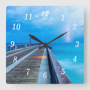 Lightning At Navarre Beach Pier Wall Clock