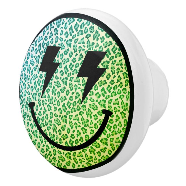 Lightning Bolt Eyes Green Leopard Smile Face  Ceramic Knob (Right)