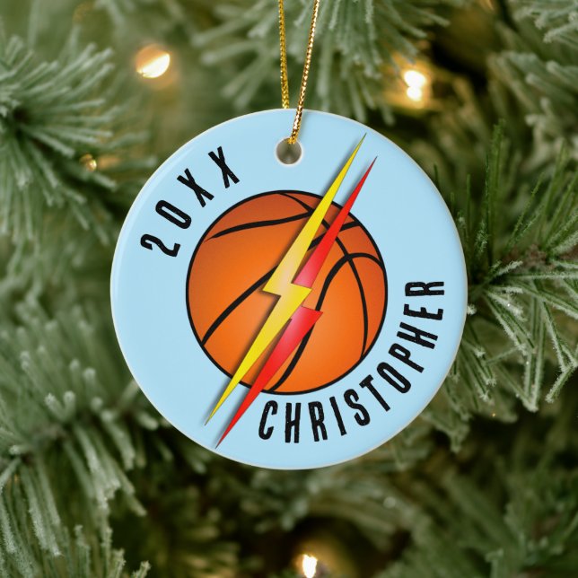 Lightning Bolts Basketball Christmas Ceramic Ornament (Tree)
