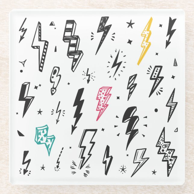 Lightning bolts, hand-drawn doodle set. glass coaster (Front)