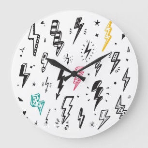 Lightning bolts, hand-drawn doodle set. large clock