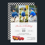 Lightning McQueen 1st Birthday | Photo Collage Invitation<br><div class="desc">Celebrate your little racer's first birthday with this adorable Cars-themed photo collage invitation! Featuring Lightning McQueen, Mater, Sally, and Doc Hudson, this design is perfect for any fan of the Disney Pixar film. Add your favourite photos of your child to create a unique and personalized invitation that will be cherished...</div>