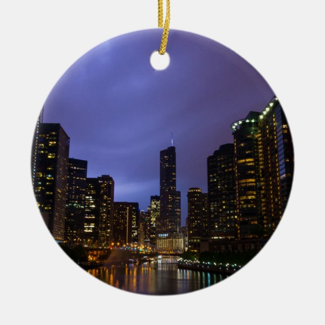 Lightning Over Chicago River Ceramic Ornament (Front)