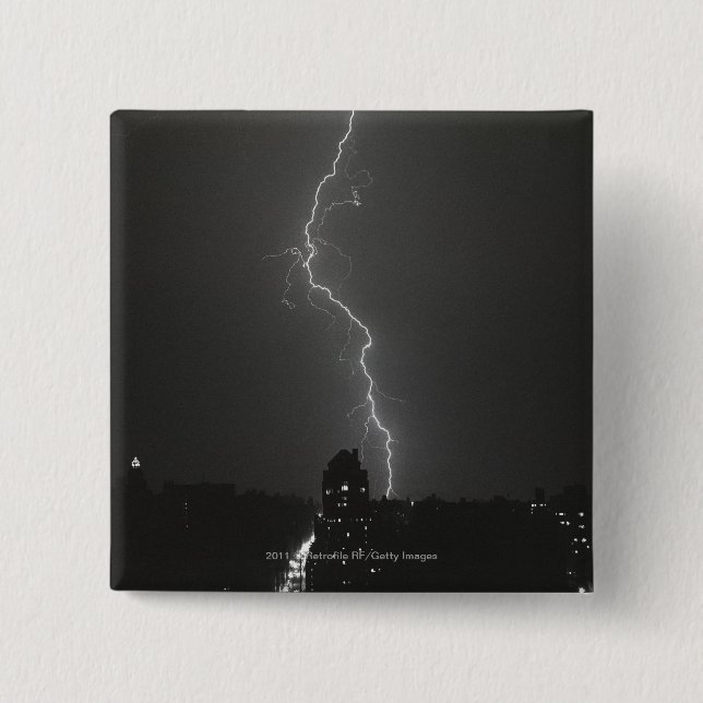 Lightning over city 2 inch square button (Front)