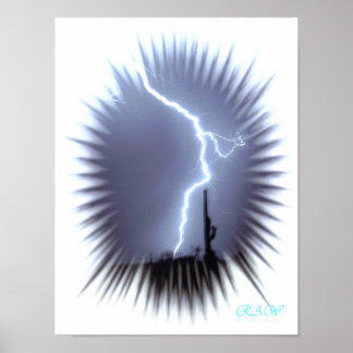 Lightning Silhouettes a Saguaro Cactus - Flash Poster