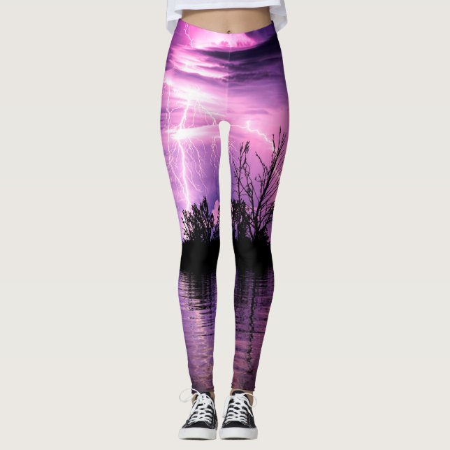 Lightning storm over water pink and purple leggings (Front)