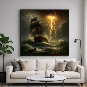 Lightning Storm Ship - Impressionism Style Art Poster