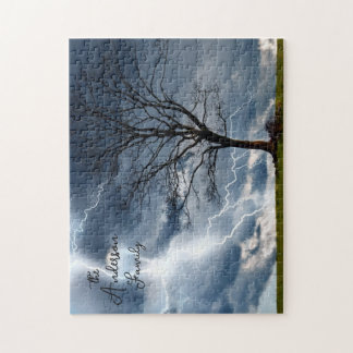 Lightning Storm Tree Personalized Navy Blue Jigsaw Puzzle