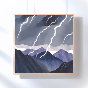 Lightning Storm Watercolor Dark Mountains Poster