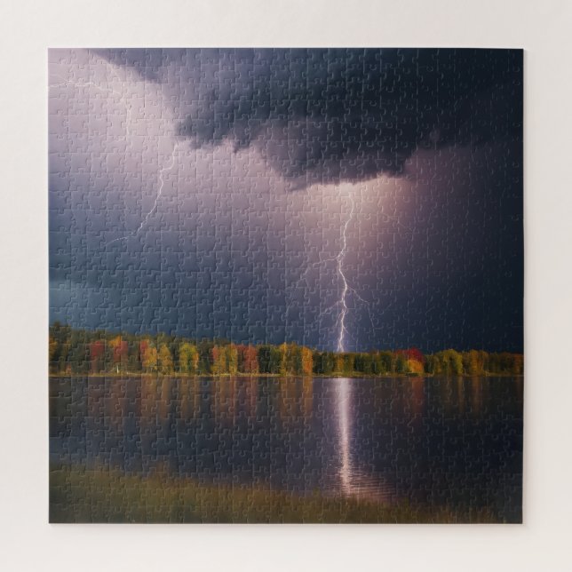 Lightning strike on lake in fall paper weight jigsaw puzzle (Vertical)