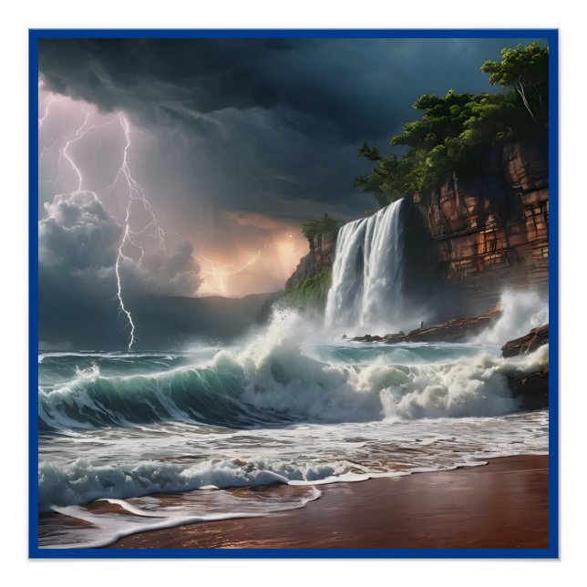 Lightning Strike Waves Beach Landscape Poster (Front)