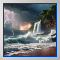 Lightning Strike Waves Beach Landscape