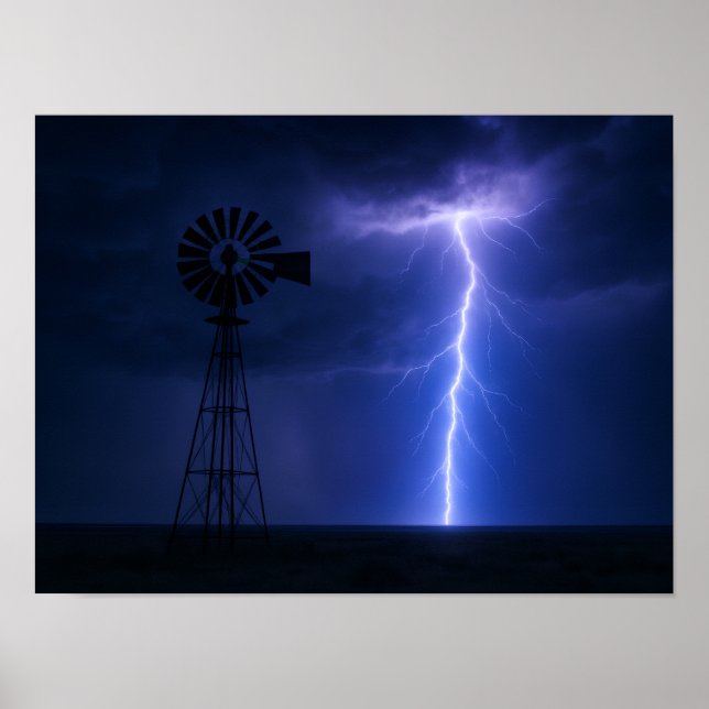 Lightning Strike Windmill Poster - Dramatic Texas  (Front)