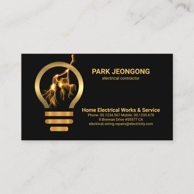 Lightning Strikes Gold Lightbulb Business Card (Front)