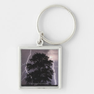 Lightning Strikes In The Sky Behind A Tree Keychain