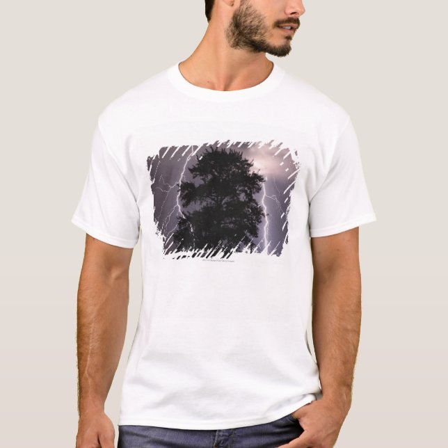 Lightning Strikes In The Sky Behind A Tree T-Shirt (Front)