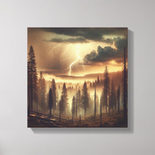 Lightning Strikes Over Vintage Forest Canvas Print (Front)