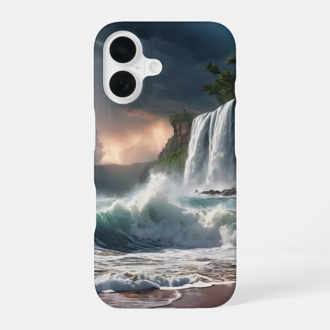 Lightning Waterfall Cliff Waves Beach iPhone 16 Case (Back)