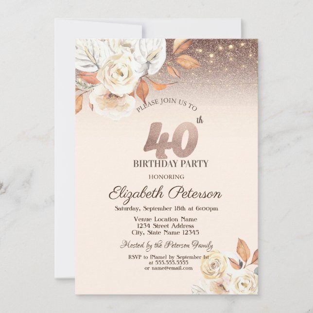  Lights,Autumn Flowers Glitter Bokeh 40th Birthday Invitation (Front)