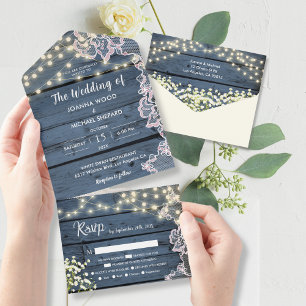 Lights Baby's Breath & Lace Navy Blue Wood All in  One Invitation