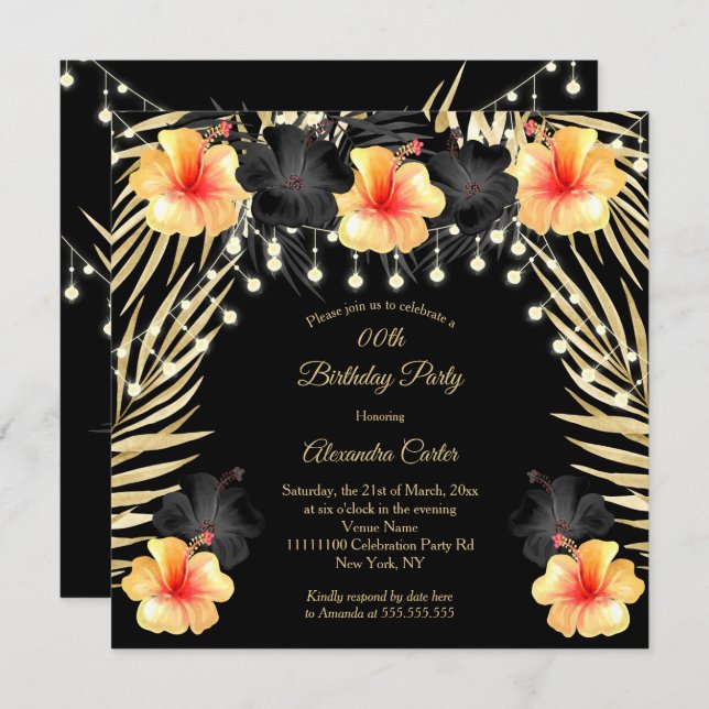 Lights Black Gold yellow Hibiscus Tropical Party Invitation (Front/Back)