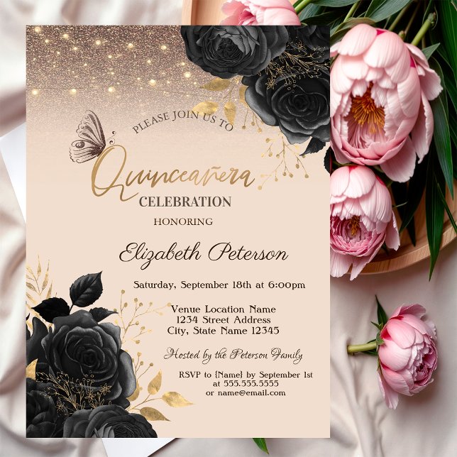 Lights,Black Roses Glitter Butterflies  Invitation (Creator Uploaded)
