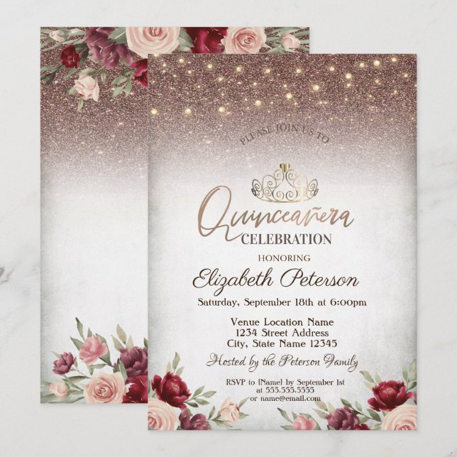  Lights,Burgundy Flowers Glitter Quinceañera   Invitation (Front/Back)