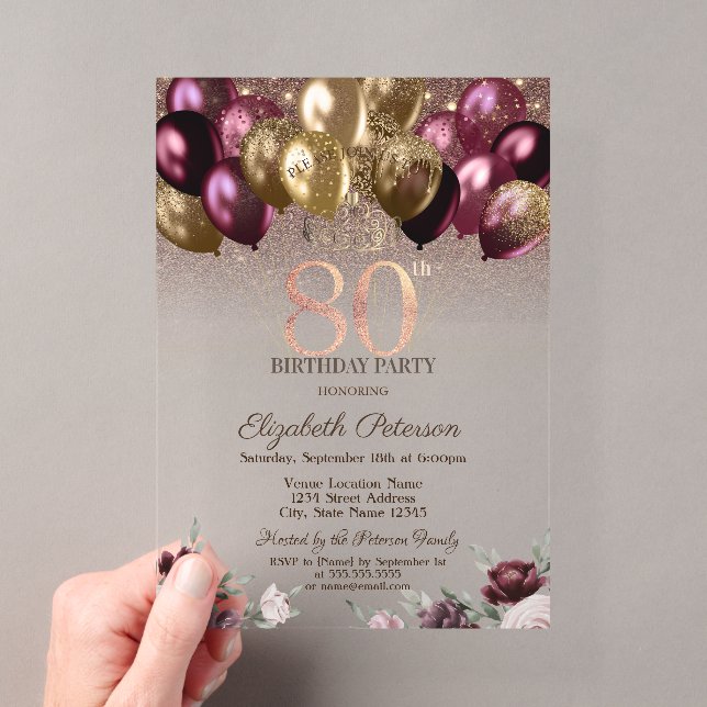  Lights,Burgundy Glitter Balloons 80th Birthday  Acrylic Invitations (Insitu (Handheld))